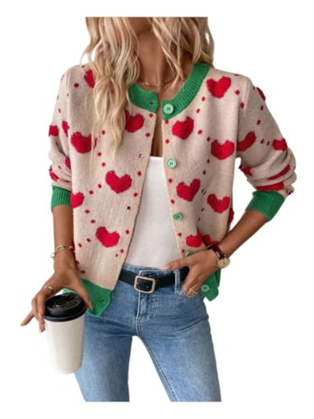 Heart Print Button Down Cardigan Long Sleeve Chunky Knit Sweater
